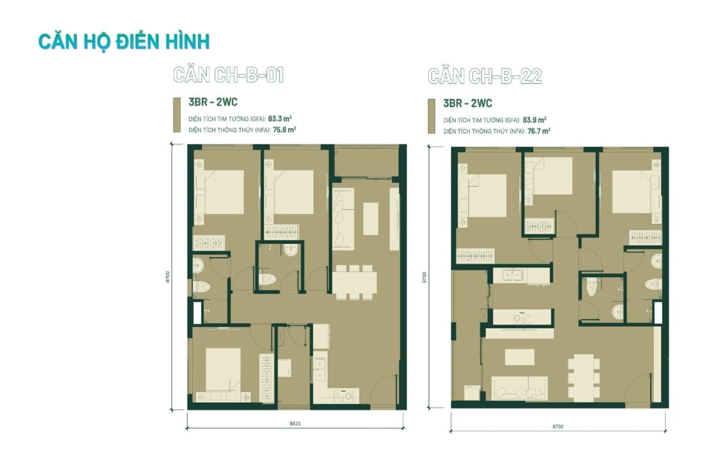 Thiết kế căn hộ 3 phòng ngủ Happy One Elite
